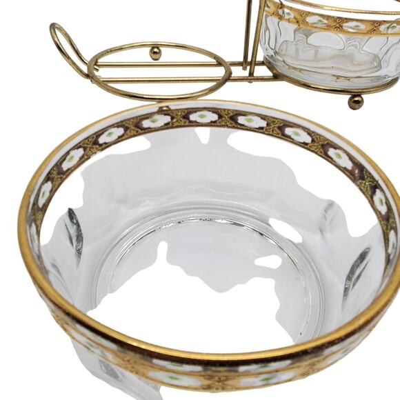 French Glass Condiment Bowls Arcoroc Valencia Gilded Green Hollywood Regency - Picture 9 of 16